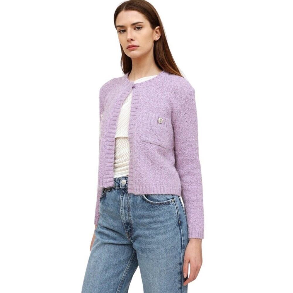 Maje Purple Cardigan Size 1 Small Lurex Knit Pearl Cluster Buttons Ballet Core